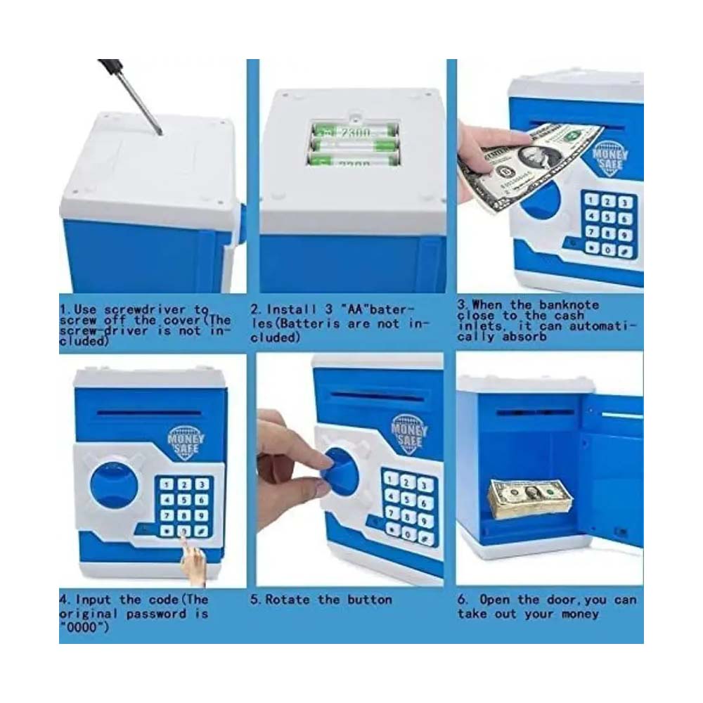 Doraemon ATM Safe and Kids Piggy Bank With Changeable Secret Code Lock, Electronic Sound, Flashing Lights & Alert Sound- Automatic Pull In Paper Notes Like ATM Coin Bank 002