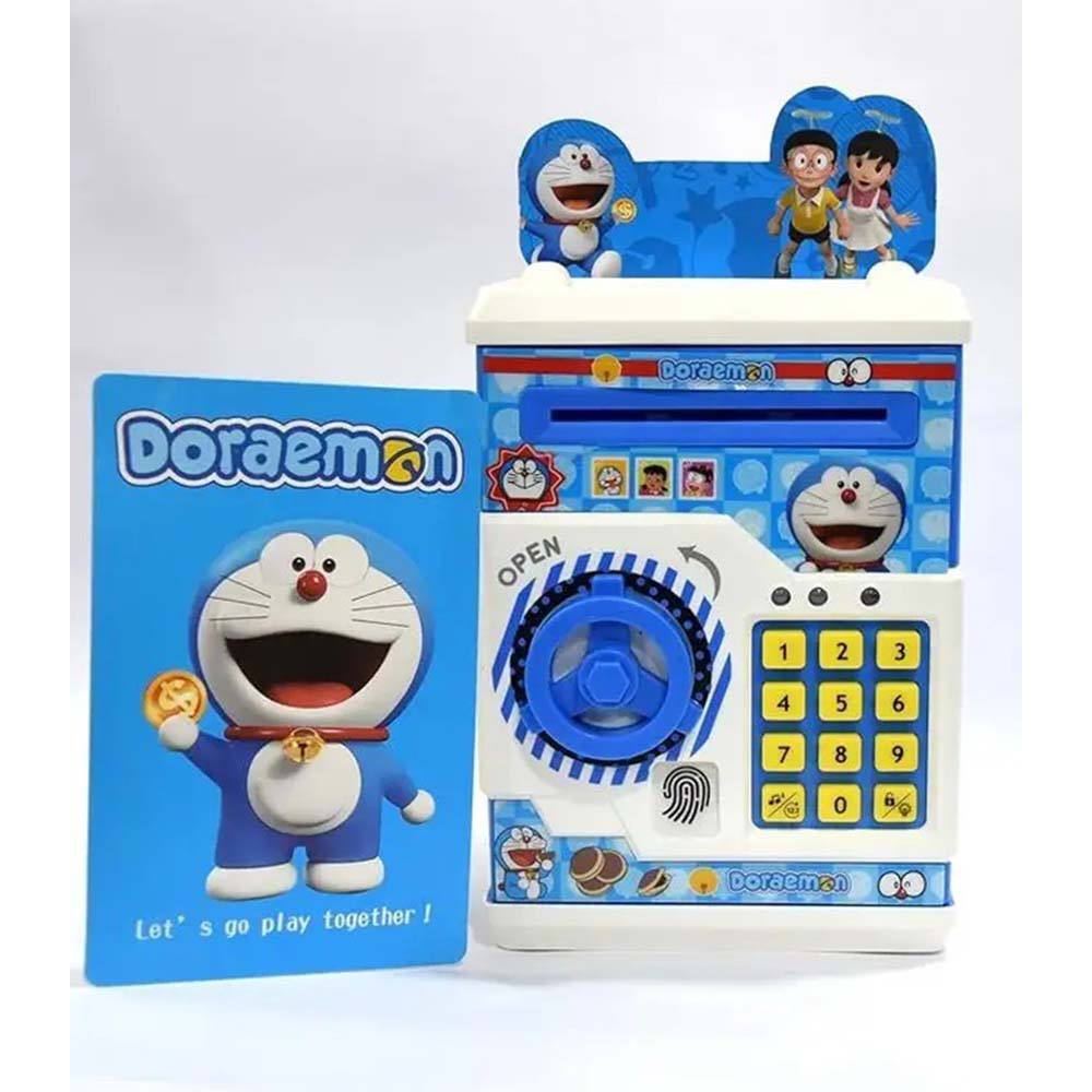 Doraemon ATM Safe and Kids Piggy Bank With Changeable Secret Code Lock, Electronic Sound, Flashing Lights & Alert Sound- Automatic Pull In Paper Notes Like ATM Coin Bank 003