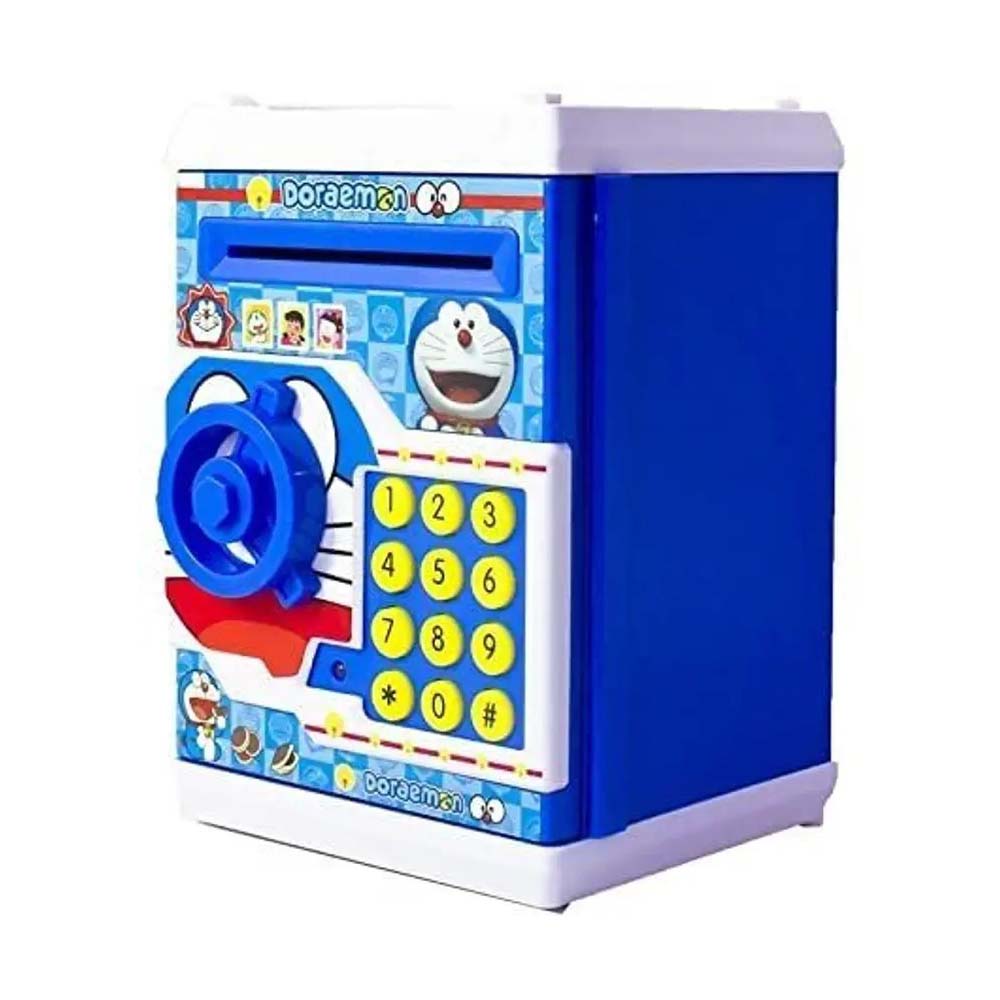 Doraemon ATM Safe and Kids Piggy Bank With Changeable Secret Code Lock, Electronic Sound, Flashing Lights & Alert Sound- Automatic Pull In Paper Notes Like ATM Coin Bank 01
