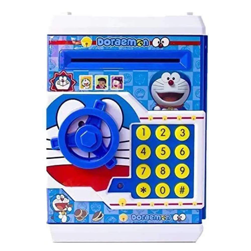 Doraemon ATM Safe and Kids Piggy Bank With Changeable Secret Code Lock, Electronic Sound, Flashing Lights & Alert Sound- Automatic Pull In Paper Notes Like ATM Coin Bank