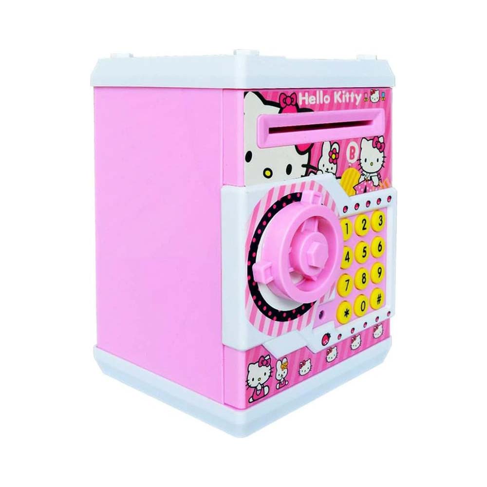 Hello kitty ATM Safe and Kids Piggy Bank With Changeable Secret Code Lock, Electronic Sound, Flashing Lights & Alert Sound- Automatic Pull In Paper Notes Like ATM Coin Bank 001