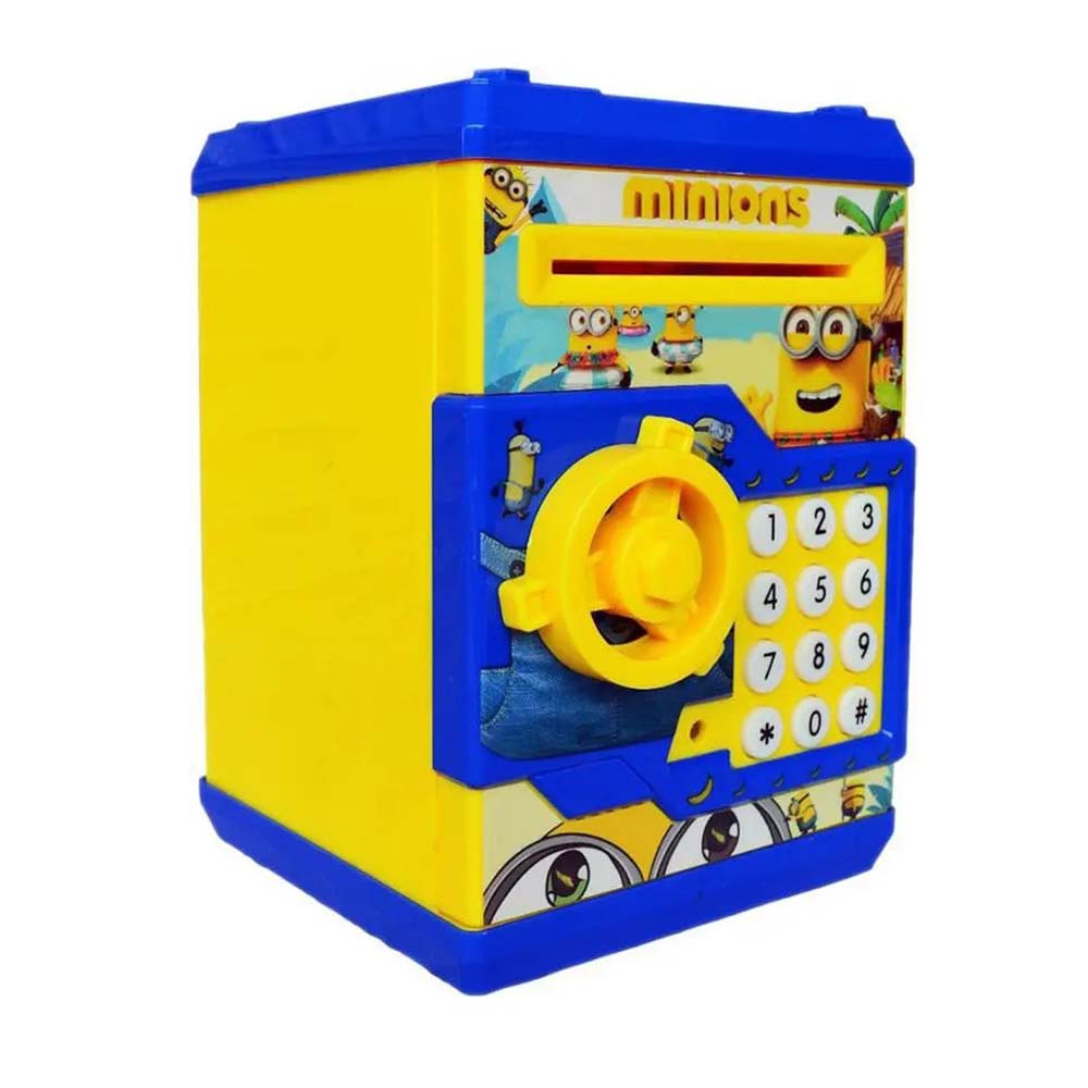 Minions ATM Safe and Kids Piggy Bank With Changeable Secret Code Lock, Electronic Sound, Flashing Lights & Alert Sound- Automatic Pull In Paper Notes Like ATM Coin Bank 001