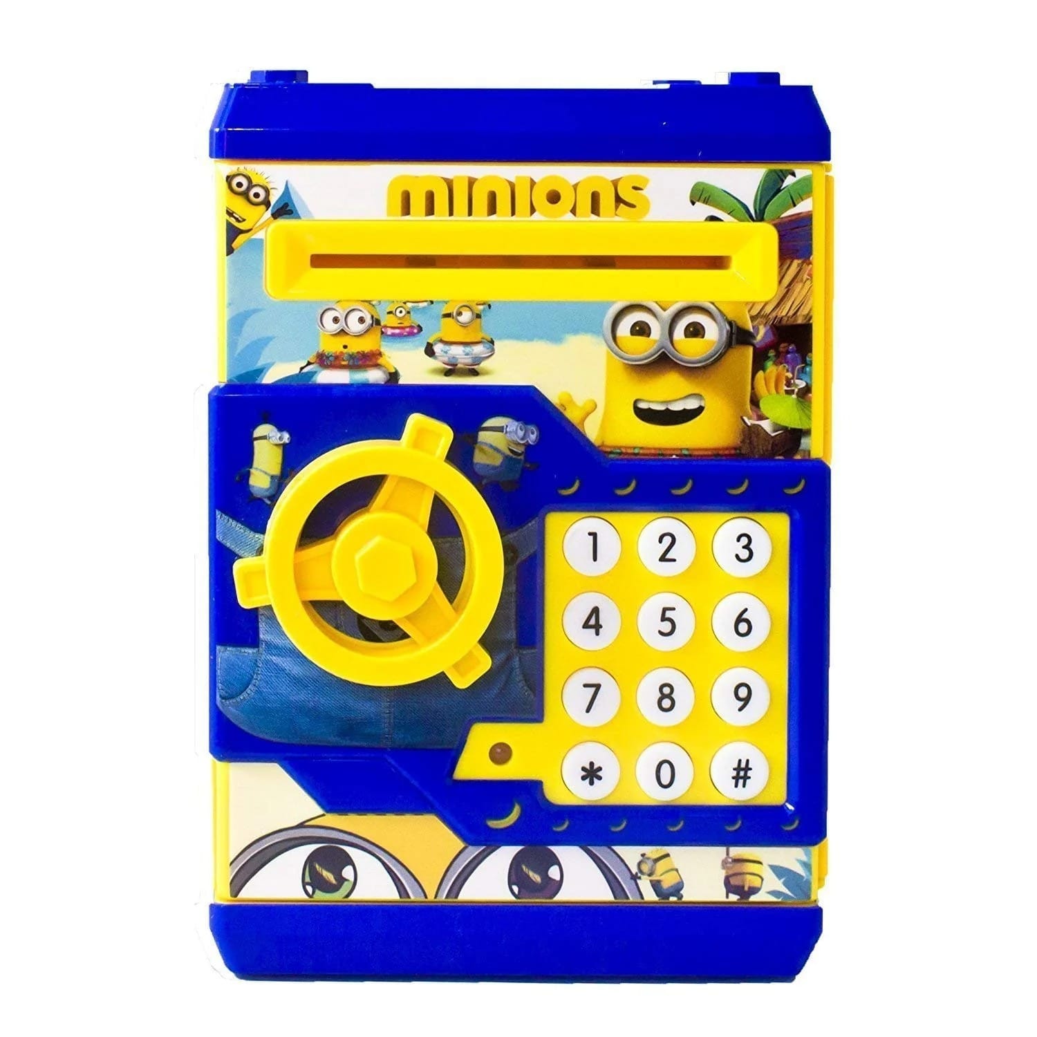 Minions ATM Safe and Kids Piggy Bank With Changeable Secret Code Lock, Electronic Sound, Flashing Lights & Alert Sound- Automatic Pull In Paper Notes Like ATM Coin Bank 002