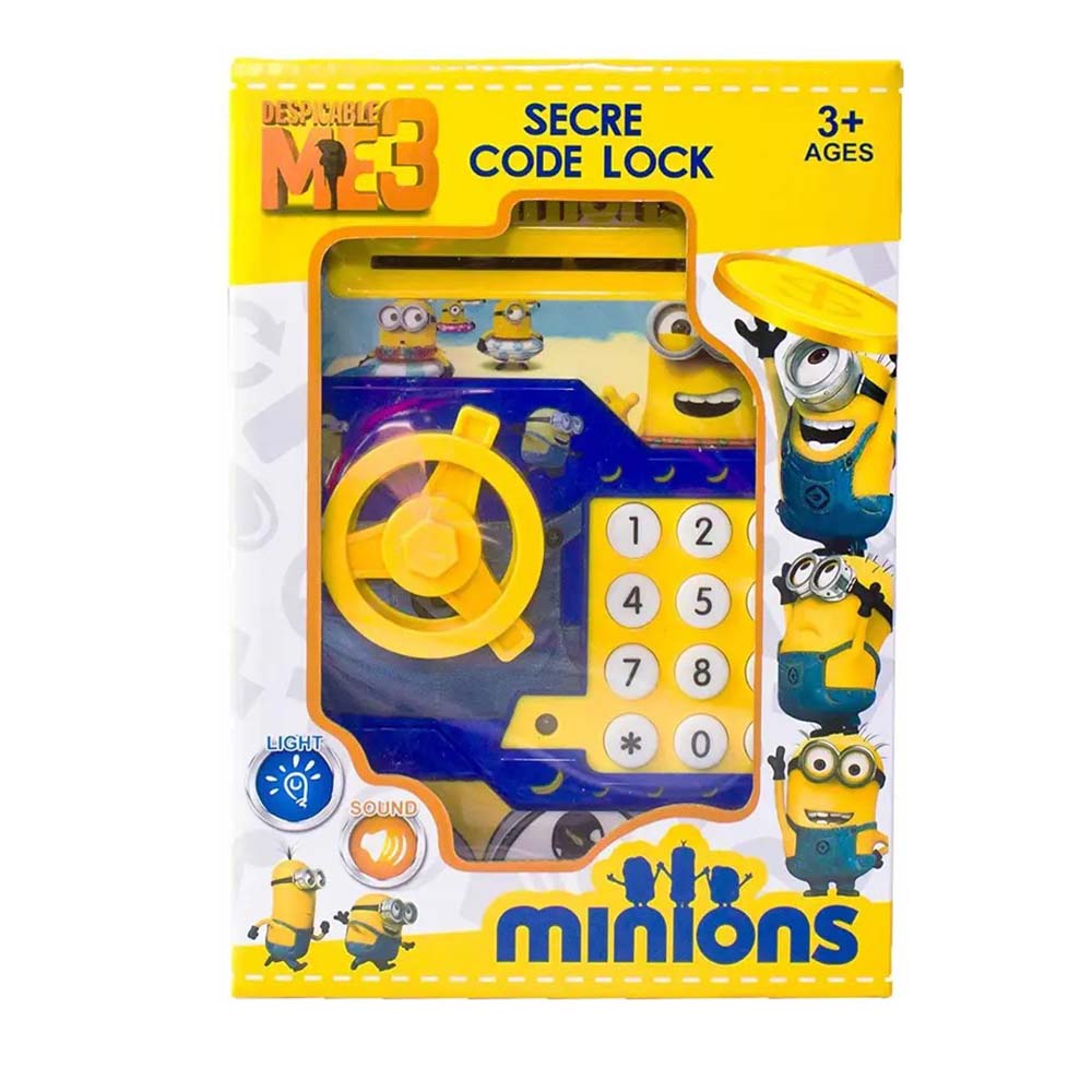 Minions ATM Safe and Kids Piggy Bank With Changeable Secret Code Lock, Electronic Sound, Flashing Lights & Alert Sound- Automatic Pull In Paper Notes Like ATM Coin Bank